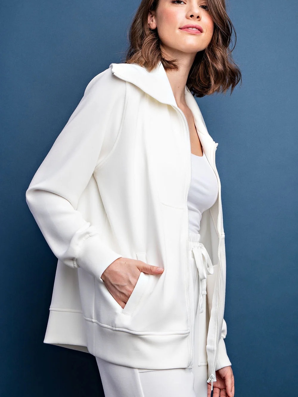 Rae Mode Off-White Modal Poly Full Zip Jacket